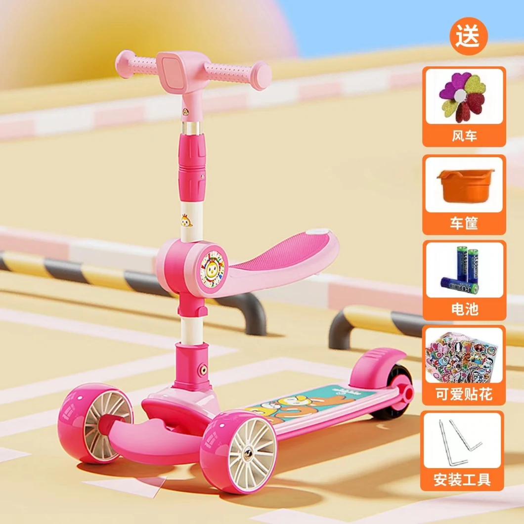 Folding Children′s Scooter Pedal Three-Wheel Flash Children′s Scooter Anti-Collision Skateboard Front Electric Toy Car